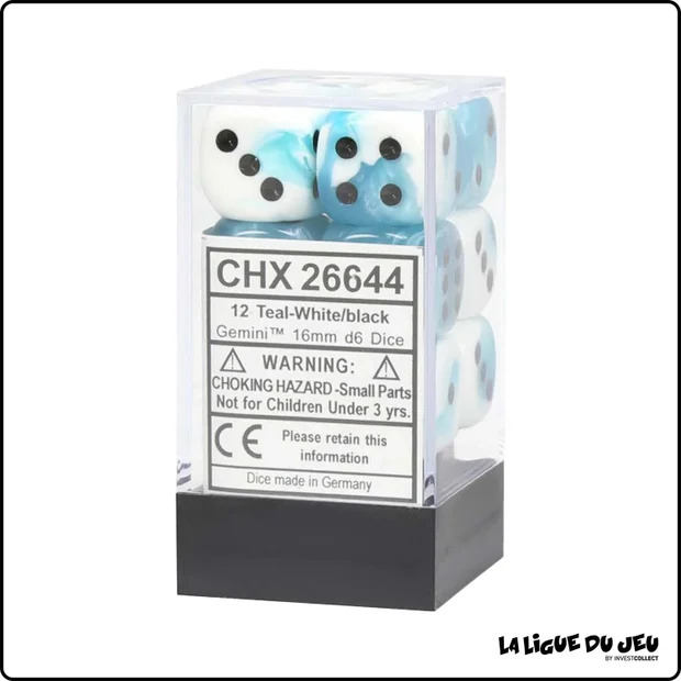 Dés - Chessex - Set de 12 Dés à 6 faces - 16 mm - Gemini Teal - Turquoise-Blanc/Noir