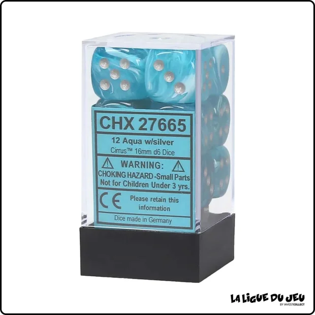 Dés - Chessex - Set de 12 Dés à 6 faces - 16 mm - Speckled - Stealth - Aqua/Argent