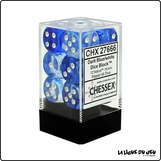 Dés - Chessex - Set de 12 Dés à 6 faces - 16 mm - Speckled - Stealth - Bleu Foncé/Blanc