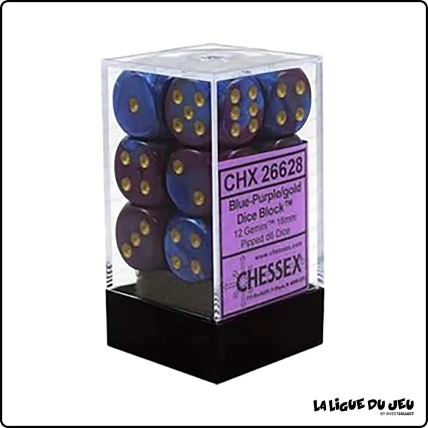 Dés - Chessex - Set de 12 Dés à 6 faces - 16 mm - Speckled - Stealth - Bleu Violet/Or