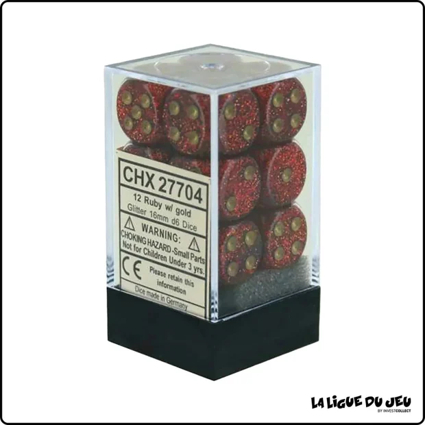 Dés - Chessex - Set de 12 Dés à 6 faces - 16 mm - Speckled - Stealth - Ruby/Or