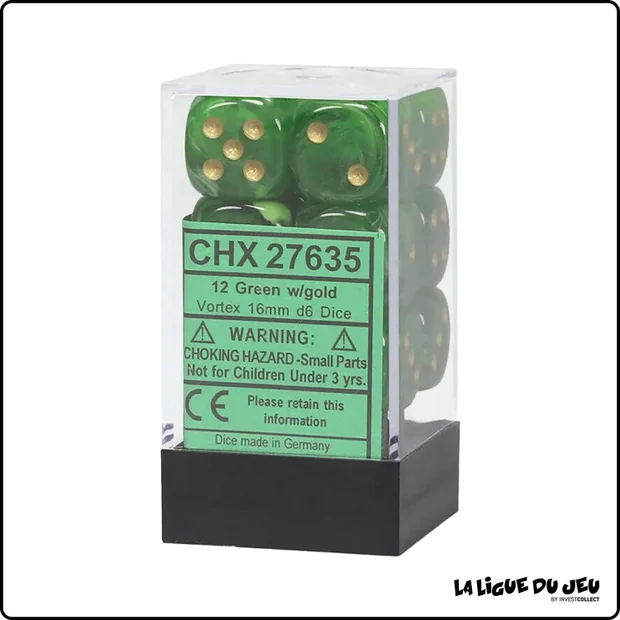 Dés - Chessex - Set de 12 Dés à 6 faces - 16 mm - Speckled - Stealth - Vert/Or