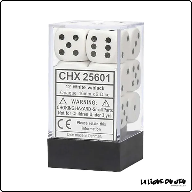 Dés - Chessex - Set de 12 Dés à 6 faces - 16 mm - Stealth -Blanc/Noir