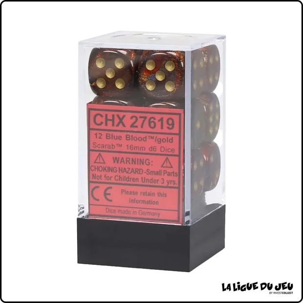 Dés - Chessex - Set de 12 Dés à 6 faces - 16 mm - Stealth - Bleu Blood/Or