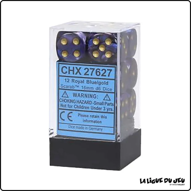 Dés - Chessex - Set de 12 Dés à 6 faces - 16 mm - Stealth - Bleu Royal/Or