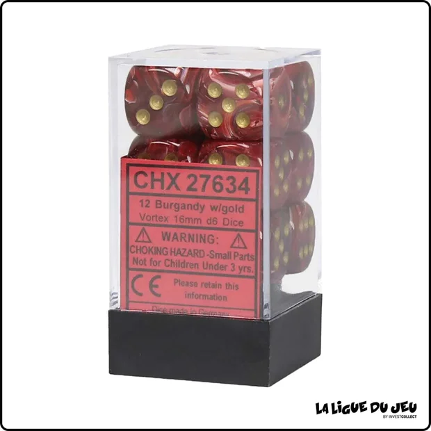 Dés - Chessex - Set de 12 Dés à 6 faces - 16 mm - Stealth - Bordeaux/Or