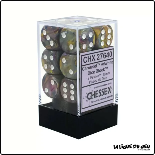 Dés - Chessex - Set de 12 Dés à 6 faces - 16 mm - Stealth - Caroussel/Blanc