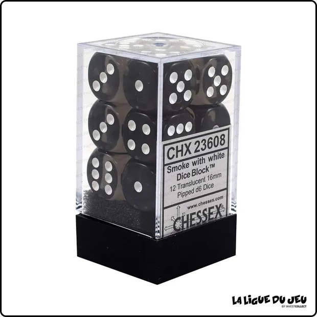 Dés - Chessex - Set de 12 Dés à 6 faces - 16 mm - Stealth - Fumé/Blanc
