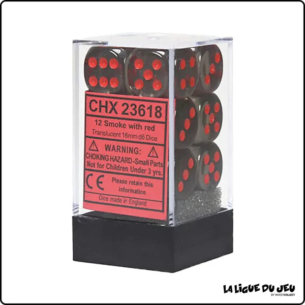 Dés - Chessex - Set de 12 Dés à 6 faces - 16 mm - Stealth - Fumé/Rouge