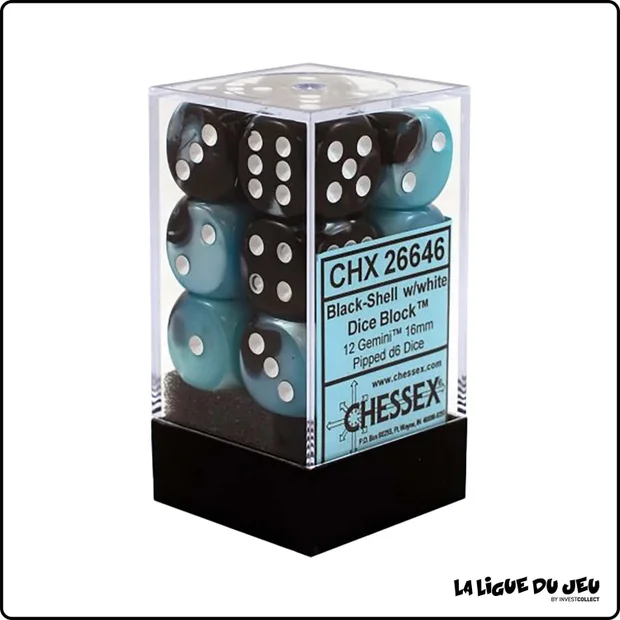Dés - Chessex - Set de 12 Dés à 6 faces - 16 mm - Stealth - Gemini - Noir-Nacré/Blanc