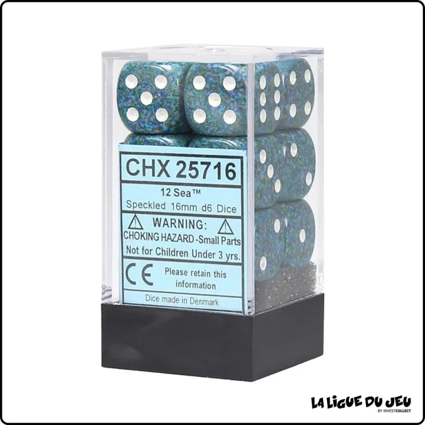 Dés - Chessex - Set de 12 Dés à 6 faces - 16 mm - Stealth - Granite - Bleu-Vert/Blanc