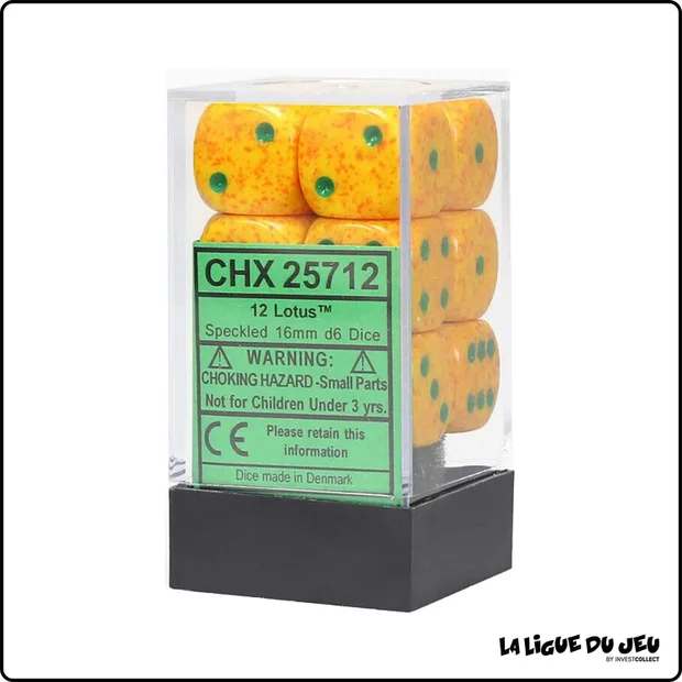 Dés - Chessex - Set de 12 Dés à 6 faces - 16 mm - Stealth - Granite - Lotus-Orange/Vert