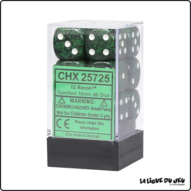 Dés - Chessex - Set de 12 Dés à 6 faces - 16 mm - Stealth - Granite - Recon-Vert/Blanc