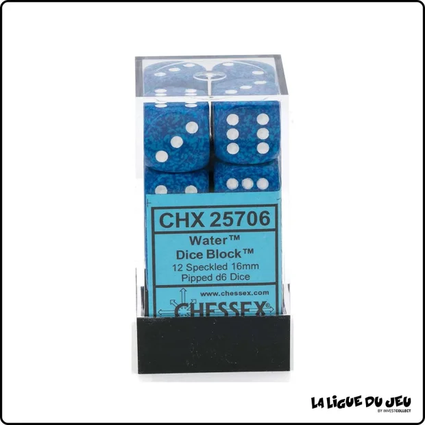 Dés - Chessex - Set de 12 Dés à 6 faces - 16 mm - Stealth - Granite - Water Bleu/Blanc