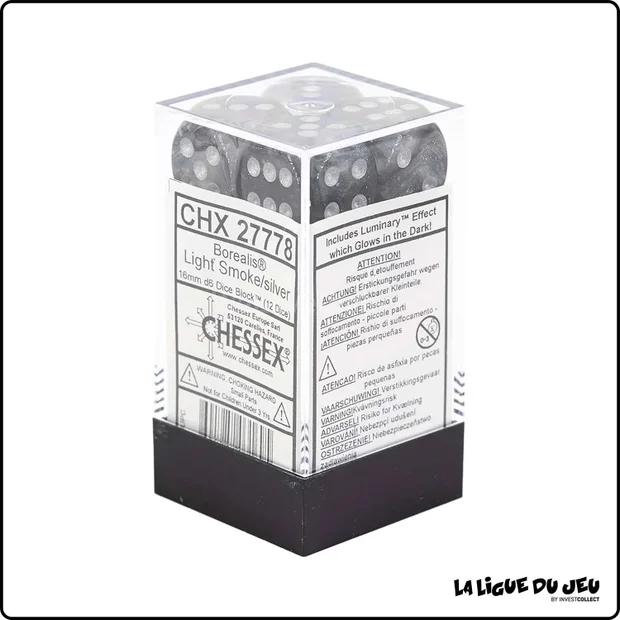 Dés - Chessex - Set de 12 Dés à 6 faces - 16 mm - Stealth - Luminary - Fumé/Argent