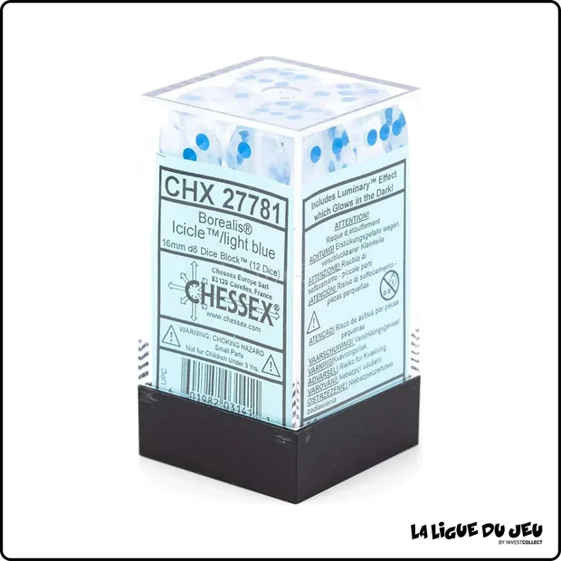 Dés - Chessex - Set de 12 Dés à 6 faces - 16 mm - Stealth - Luminary - Icicle/Bleu Clair