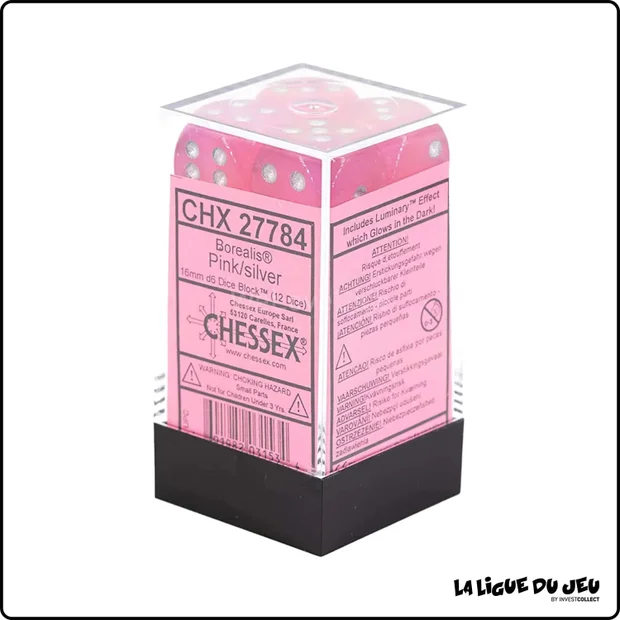 Dés - Chessex - Set de 12 Dés à 6 faces - 16 mm - Stealth - Luminary - Rose/Argent