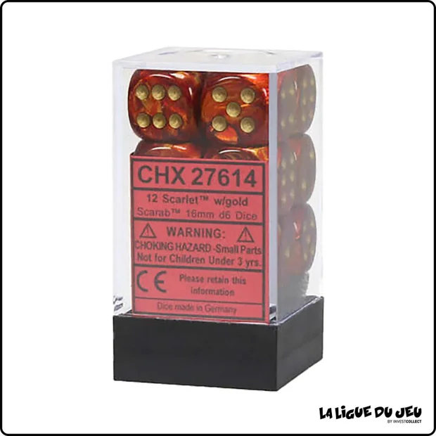 Dés - Chessex - Set de 12 Dés à 6 faces - 16 mm - Stealth - Scarlet/Or