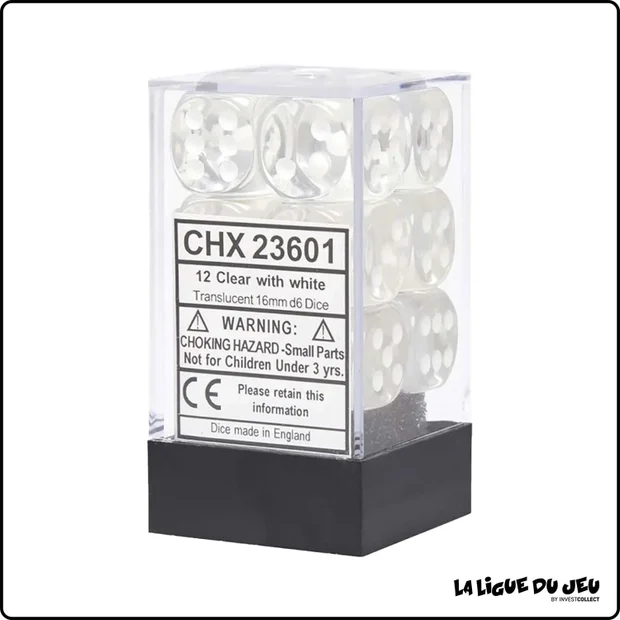 Dés - Chessex - Set de 12 Dés à 6 faces - 16 mm - Stealth - Transparent - Clair/Blanc