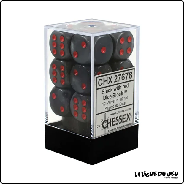 Dés - Chessex - Set de 12 Dés à 6 faces - 16 mm - Stealth - Valvet - Noir/Rouge