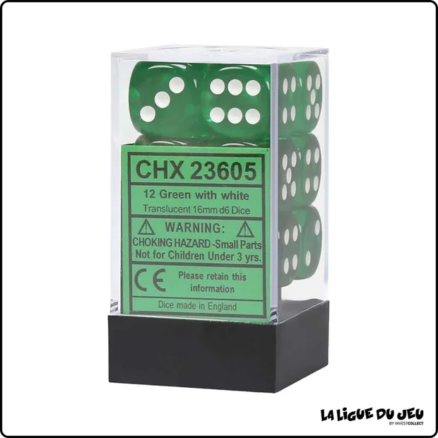 Dés - Chessex - Set de 12 Dés à 6 faces - 16 mm - Stealth - Vert/Blanc