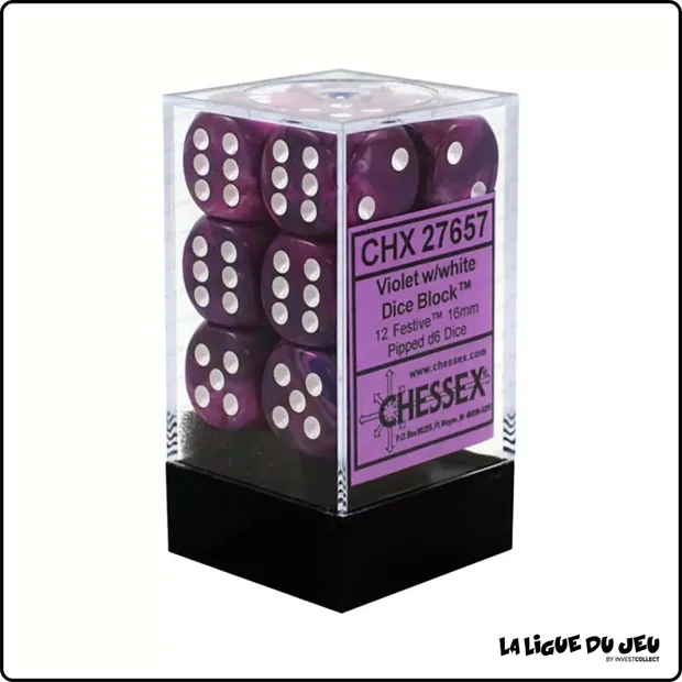 Dés - Chessex - Set de 12 Dés à 6 faces - 16 mm - Stealth - Violet/Blanc