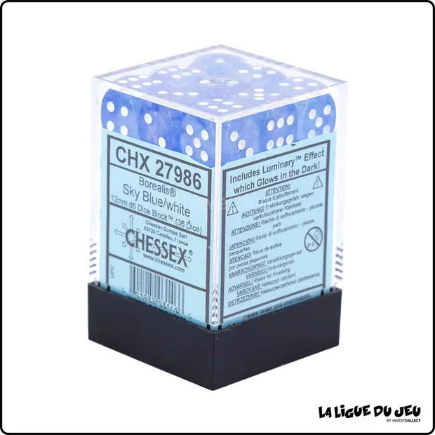 Dés - Chessex - Set de 36 Dés à 6 faces - 12 mm - Borealis - Bleu Ciel/Blanc