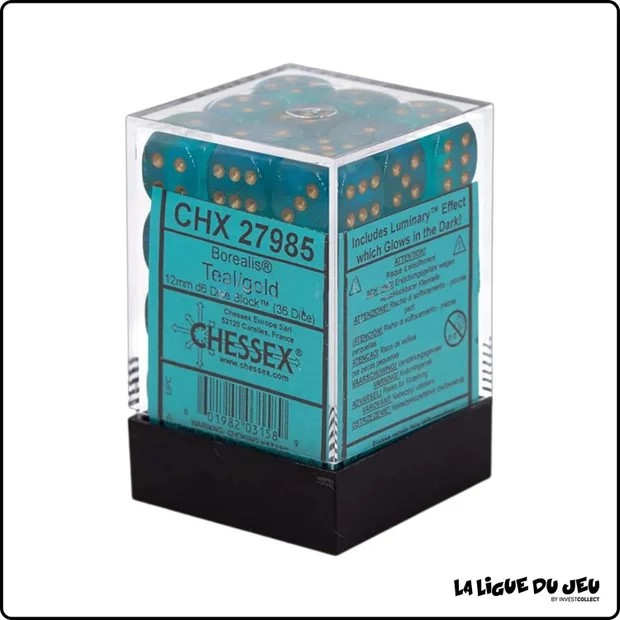 Dés - Chessex - Set de 36 Dés à 6 faces - 12 mm - Borealis - Bleu Sarcelle/Or