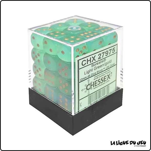 Dés - Chessex - Set de 36 Dés à 6 faces - 12 mm - Borealis - Vert Clair/Or