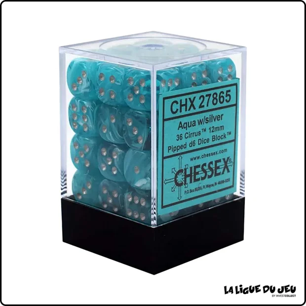Dés - Chessex - Set de 36 Dés à 6 faces - 12 mm - Cirrus - Vert Aquatique/Argent