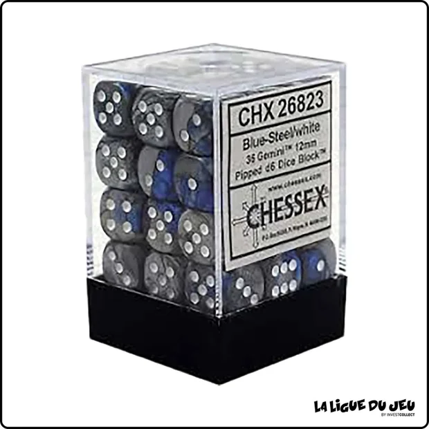 Dés - Chessex - Set de 36 Dés à 6 faces - 12 mm - Gemini - Bleu - Acier/Blanc