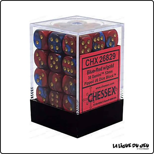 Dés - Chessex - Set de 36 Dés à 6 faces - 12 mm - Gemini - Bleu - Rouge/Or