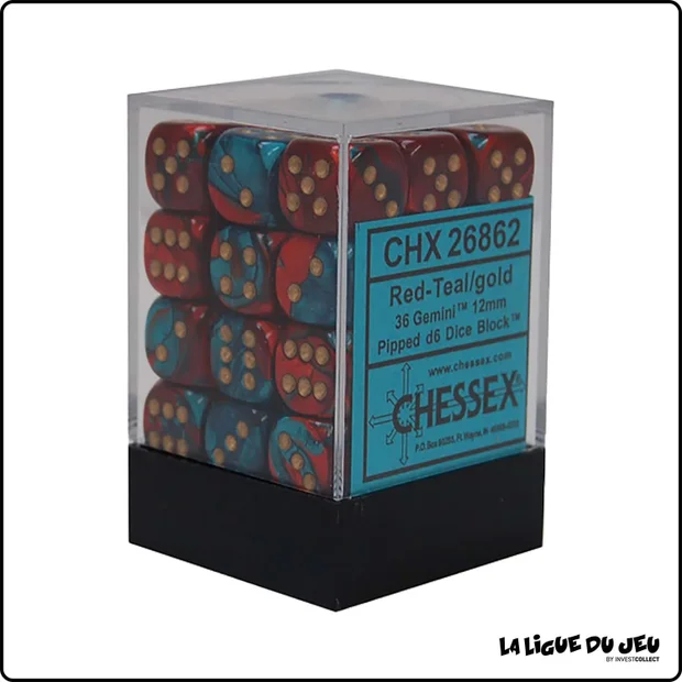 Dés - Chessex - Set de 36 Dés à 6 faces - 12 mm - Gemini - Bleu Sarcelle - Rouge/Or