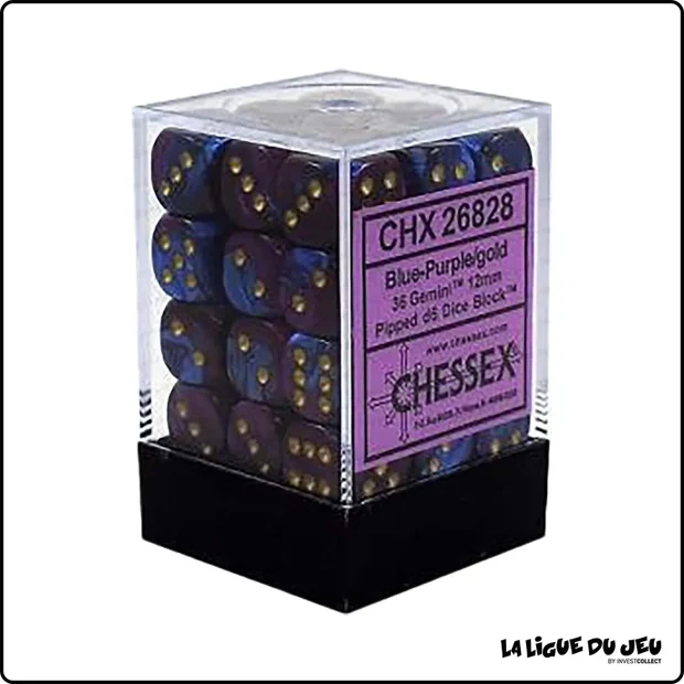 Dés - Chessex - Set de 36 Dés à 6 faces - 12 mm - Gemini - Bleu - Violet/Or