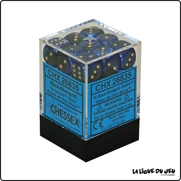 Dés - Chessex - Set de 36 Dés à 6 faces - 12 mm - Gemini - Noir - Bleu/Or