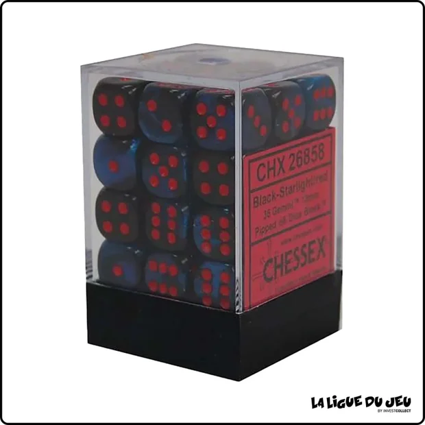 Dés - Chessex - Set de 36 Dés à 6 faces - 12 mm - Gemini - Noir Étoilé/Rouge