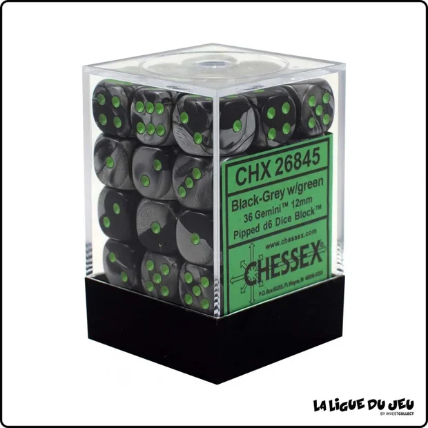 Dés - Chessex - Set de 36 Dés à 6 faces - 12 mm - Gemini - Noir - Gris/Vert