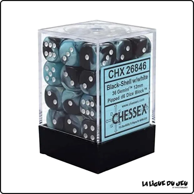 Dés - Chessex - Set de 36 Dés à 6 faces - 12 mm - Gemini - Noir - Nacré/Blanc
