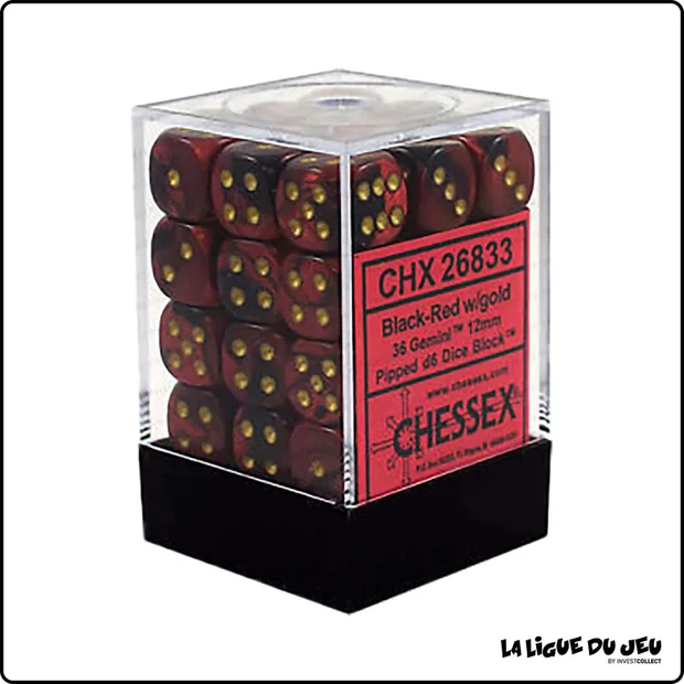 Dés - Chessex - Set de 36 Dés à 6 faces - 12 mm - Gemini - Noir - Rouge/Or