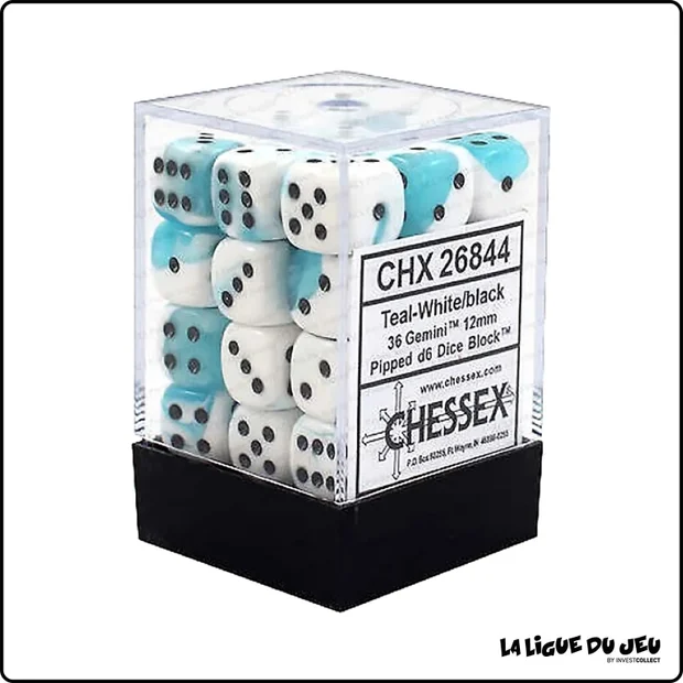 Dés - Chessex - Set de 36 Dés à 6 faces - 12 mm - Gemini - Turquoise - Blanc/Noir