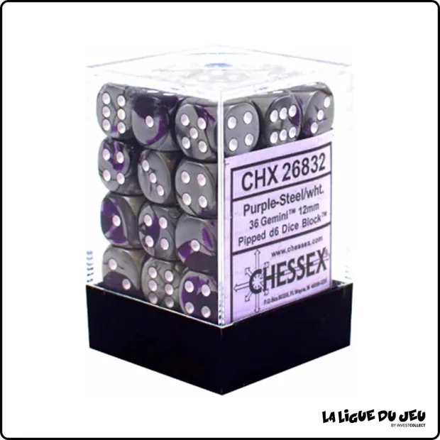 Dés - Chessex - Set de 36 Dés à 6 faces - 12 mm - Gemini - Violet - Acier/Blanc