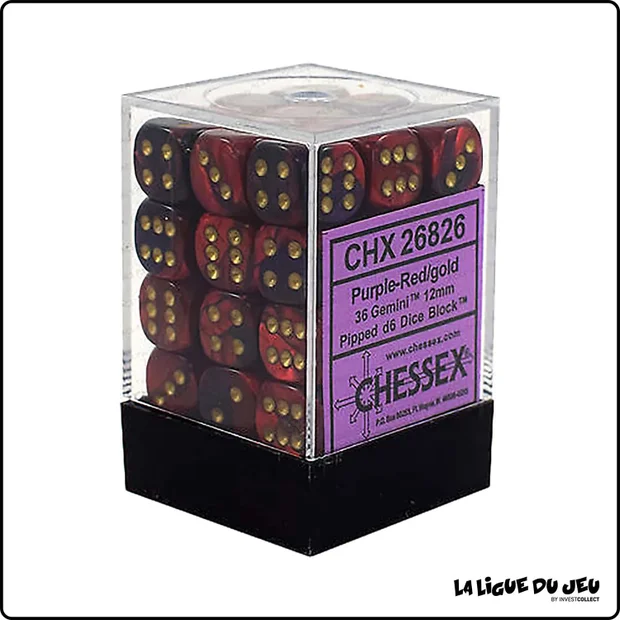 Dés - Chessex - Set de 36 Dés à 6 faces - 12 mm - Gemini - Violet - Rouge/Or