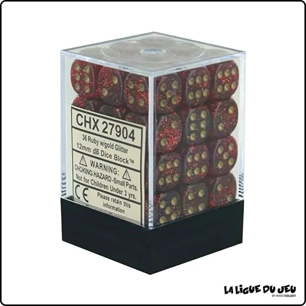 Dés - Chessex - Set de 36 Dés à 6 faces - 12 mm - Glitter - Rubis/Or
