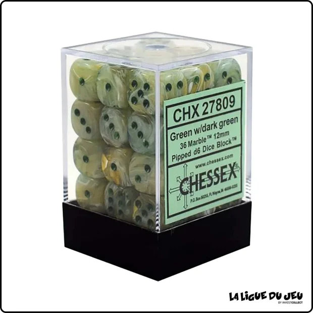 Dés - Chessex - Set de 36 Dés à 6 faces - 12 mm - Marble - Vert/Vert Foncé