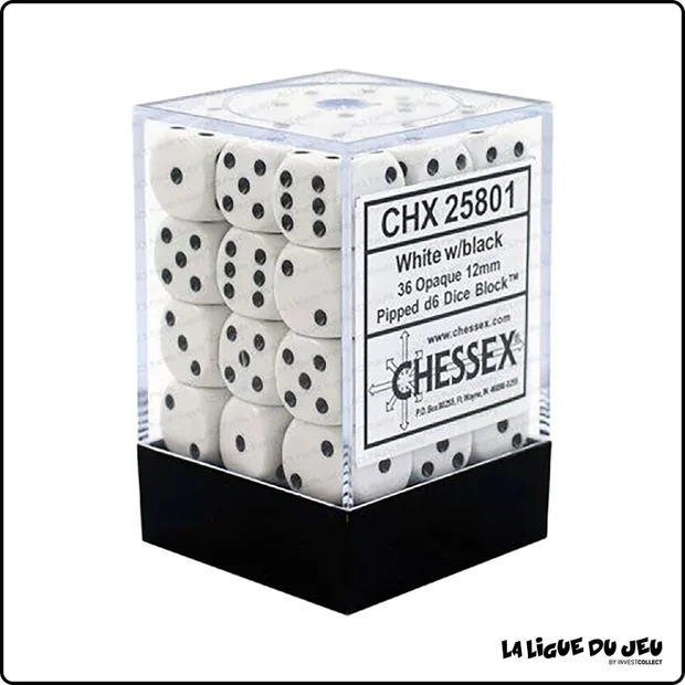 Dés - Chessex - Set de 36 Dés à 6 faces - 12 mm - Opaque - Blanc/Noir