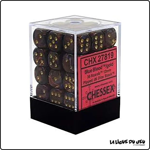 Dés - Chessex - Set de 36 Dés à 6 faces - 12 mm - Scarab - Blue Blood/Or