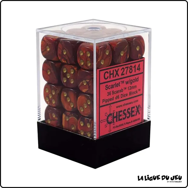 Dés - Chessex - Set de 36 Dés à 6 faces - 12 mm - Scarab - Rouge Écarlate/Or