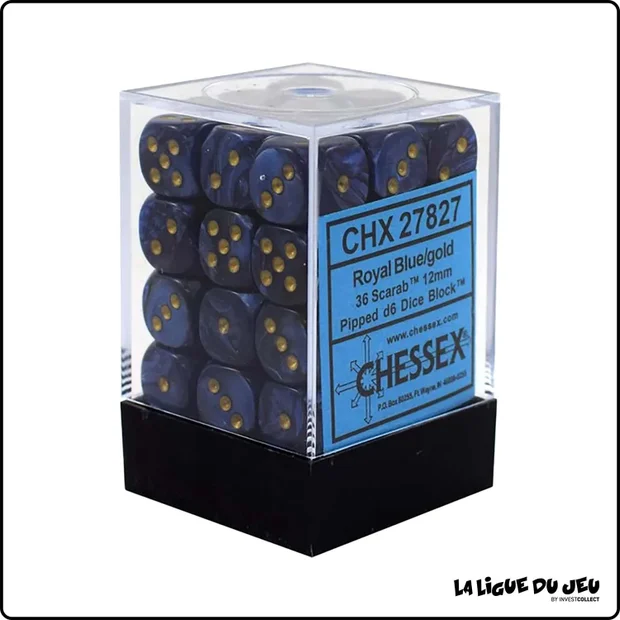 Dés - Chessex - Set de 36 Dés à 6 faces - 12 mm - Scarab - Royal Blue/Or