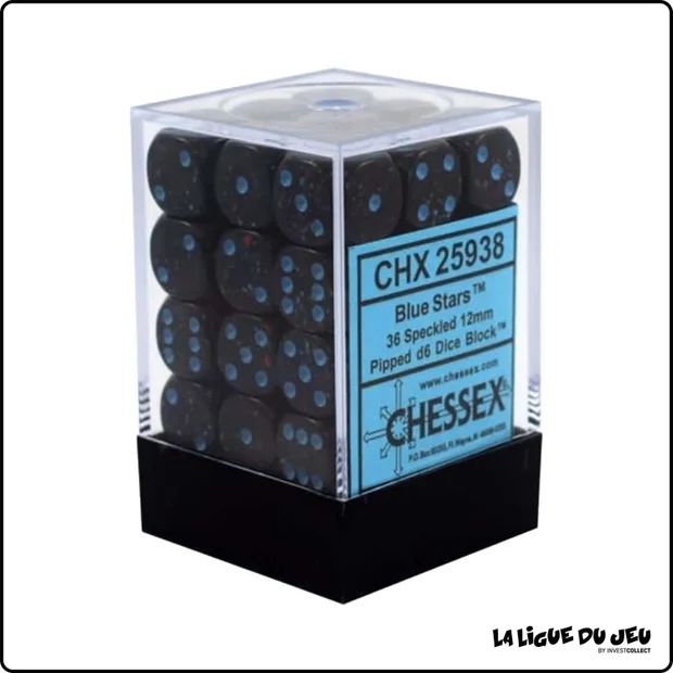 Dés - Chessex - Set de 36 Dés à 6 faces - 12 mm - Speckled - Blue Stars - Noir/Bleu