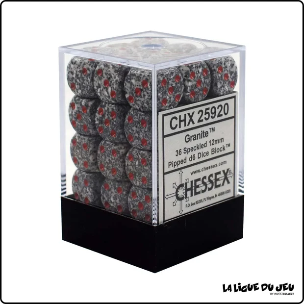 Dés - Chessex - Set de 36 Dés à 6 faces - 12 mm - Speckled - Granite - Gris/Rouge